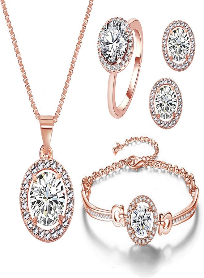 Wovanoo Women 4Pieces Cubic Zirconia Jewellery Set Rhinestone Necklace Earrings Bracelet Ring Rose Gold - Image 1
